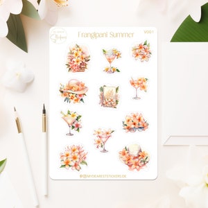 Frangipani Summer - florale tropische Blumen Motive Papier Sticker für die Urlaubsplanung im Planer und Journal Tagebuch oder als Geschenk