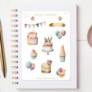Stickerbogen "Vintage Geburtstag 1"  Party Papiersticker Motiv für Tagebuch Bullet Journal Kalender Planer oder als Geschenk zum Geburtstag