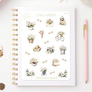 Feuille d'autocollants « Jardin de marguerites » - motifs de marguerites comme autocollants en papier pour agendas et comme jardin cadeau