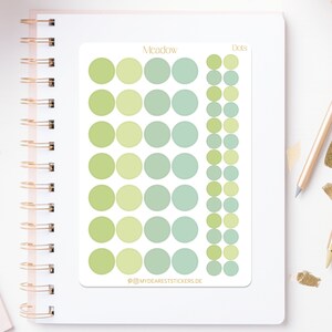 Foglio di adesivi "Meadow Dots" a pois da segnare, descrivere con date per agende e calendari di giornale, quattro colori, due dimensioni