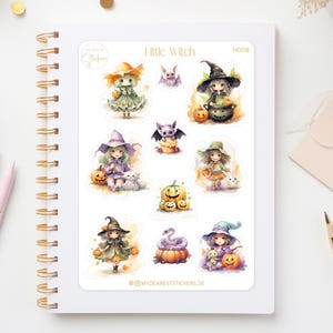 Foglio di adesivi "Piccola strega" carina piccola strega spaventosa di Halloween in adesivo di carta nera viola arancione menta per agenda o come regalo