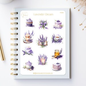 Lavender Dream Gâteau vintage à la lavande, autocollants en papier à motifs de café pour les planificateurs et comme cadeau en violet romantique