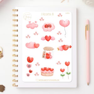 Hearts II 1 Stickersheet Aufkleber Thema Liebe mit rosa rote Herzen für Valentinstag, Bujo Bullet Journal Einträge oder süße Geschenkidee