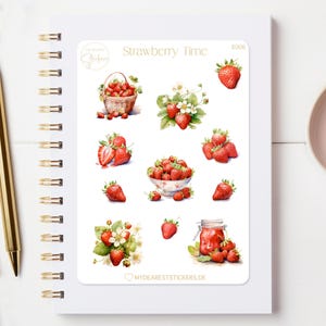 Feuille d'autocollants « Strawberry Time » - motifs de fraises fruités comme autocollants en papier pour les planificateurs et comme cadeau de jardin