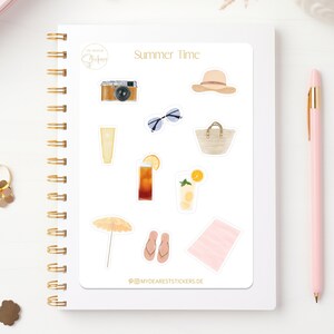 Feuille d'autocollants "Summertime" Été, soleil, vacances. Planifiez vos vacances avec nos autocollants en papier pour planificateurs et cadeaux, peints à la main