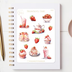 Feuille d'autocollants « Strawberry Date » autocollant en papier pour les planificateurs et comme cadeau, motif de gâteau aux fraises d'été pour les gourmands du gâteau aux fraises