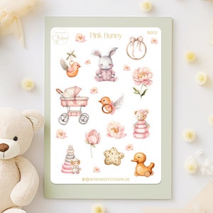 Pink Bunny, rosa Neugeborenen Sticker, Vintage Motive Papiersticker für Planer, Erinnerungsalbum und als Geschenk für Babyparty und Geburt