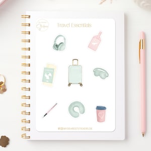 Stickerbogen "Travel Essentials" Reiseplanung, Urlaub Reise Sticker für Planer und als Geschenk, türkis rosa, handgemalt