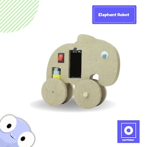 Op de afbeelding: Een houten olifantenrobot-kit met een rode schakelaar, een batterijvak en een zwart oog. De kit is gelabeld "Elephant Robot".