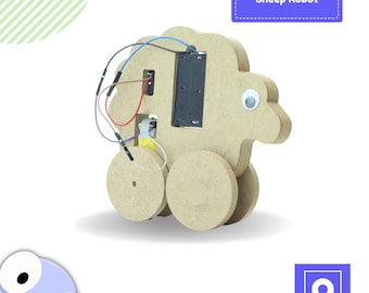 May include: A wooden sheep robot kit with a battery pack, wires, and wheels. The robot is brown and has a white eye. The text "Sheep Robot" is visible in the image.
