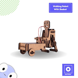 Op de afbeelding: Een houten looprobot met een mand, de robot heeft een glimlachend gezicht en houdt een rode en zwarte draad vast. De robot staat op een witte achtergrond. De tekst "morfmaker" is gedrukt op de kar van de robot.