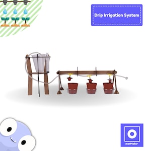 Könnte beinhalten: Ein selbstgebautes Tropfbewässerungssystem aus Holz und Kunststoffschläuchen. Das System verfügt über einen Wasserbehälter, eine Pumpe und drei Pflanzentopf mit Tropfern. Das System ist mit "Tropfbewässerungssystem" beschriftet.