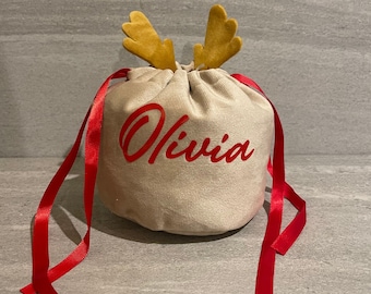 Personalized Velvet Reindeer Gift Bag | Christmas Favor Bag
