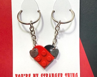 Personalised Heart Keyring Set | 'You're My Stranger Thing' Matching Keychains | 80s Sci-Fi TV Show Fan Gift | Custom LEGO® Bricks