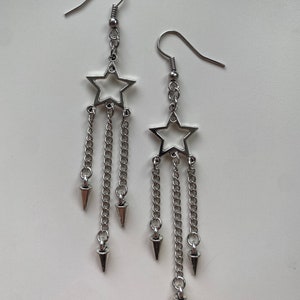 Rockstar Dangle Earrings| Silver Spike Chain Star y2k Grunge Earrings