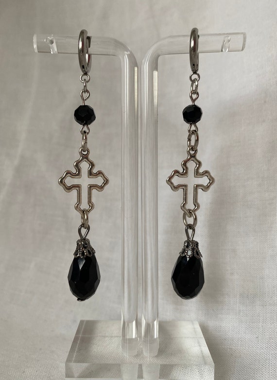 Sinner Drop Earrings| Gothic Silver Cross Dangle Earrings With