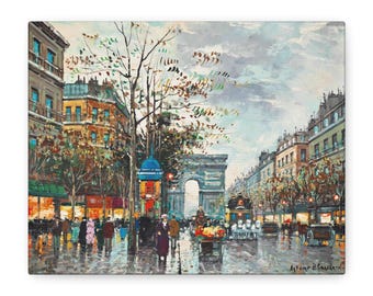 Puede incluir: Pintura al óleo de una escena callejera parisina con el Arco del Triunfo. La obra presenta un día lluvioso con personas, carruajes y edificios en tonos marrones, naranjas y azules.