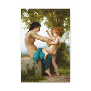 A Young Girl Defending Herself Against Eros 1880, William-Adolphe Bouguereau, Angelic Canvas, Famous Artist, Vintage, Fine Art, Gift for Her
