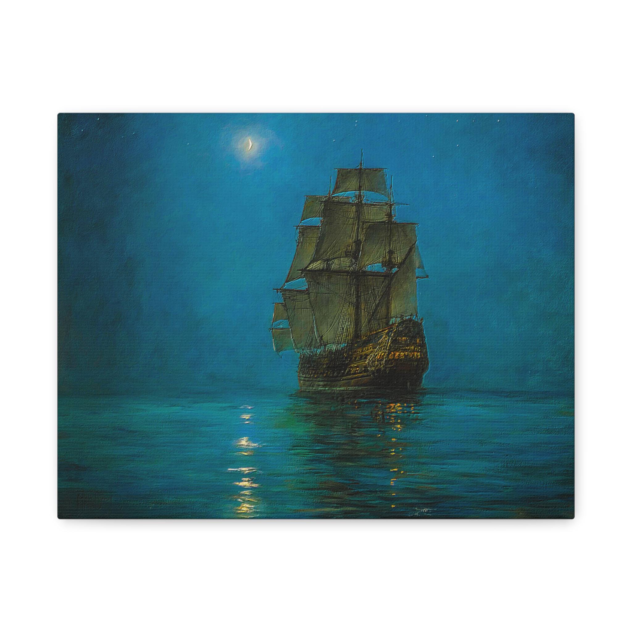 Montague Dawson Crescent Moon Canvas Print, Nautical Sailing Ship