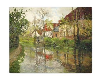 Cottages by the River 1900, Frits Thaulow, Fine Art Canvas Print, Famous Artist, Vintage, Office Wall Art, Rustic Home Decor, Gift for Him