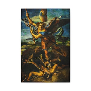 St Michael Vanquishing Satan 1518, Raphael, Angelic Canvas | Famous Artist | Vintage | Office Wall Art | Religious Print | Rustic Home Decor