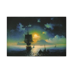 Moonlit Night in Capri 1841, Ivan Aivazovsky, Unique Canvas, Vintage | Marine Art | Gift for Dad | Fine Art | Office Wall Art | Rustic Decor