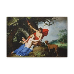 Puede incluir: Una pintura que representa una escena de la mitología griega. Una mujer desnuda se sienta en una roca, mientras un hombre con túnicas rojas se para detrás de ella, sosteniendo una lanza. Un cupido alado se sienta junto a la mujer, sosteniendo un arco y una flecha. La escena está ambientada en un bosque, con árboles y follaje en el fondo.