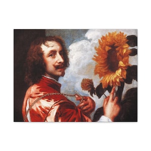 Autoritratto con girasole, Anthony van Dyck, 1643 Riproduzione, Artista famoso, Arte murale per ufficio, Arte floreale, Vintage, Arredamento rustico per la casa