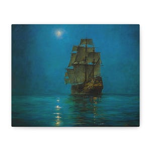 The Crescent Moon, Montague Dawson, Fine Art Canvas | Nocturne Print | Gift for Dad | Nautical Wall Art | Marine Accent | Sailing Ship Decor