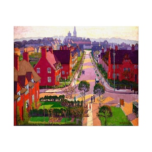 Peut inclure: Peinture impressionniste d'une rue résidentielle bordée de maisons rouges et d'arbres. La route mène à un paysage urbain lointain avec un clocher d'église. L'œuvre présente une palette de couleurs vives, mettant l'accent sur l'architecture et le paysage.
