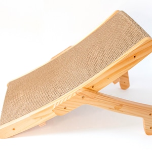 Wooden cat scratcher at a 45 degree angle on a white background