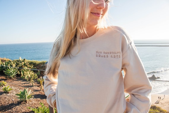 Embroidered Cat Rescue Crewneck Sweatshirt Cream Green - Etsy