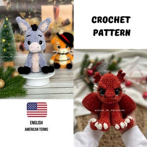 May include: Image of a crochet pattern showing a grey donkey, an orange cat, and a red dragon. The donkey is on a white stand. The text "CROCHET PATTERN" is in black. The American flag and "ENGLISH AMERICAN TERMS" are also visible.
