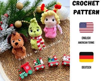 Amigurumi haakpatroon kerstversieringen 3-in-1 PDF / Groen schurk decoratie pluche patroon Groene Brombeer, Hond en Meisje