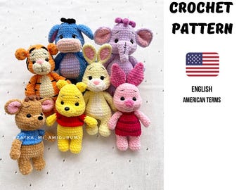 May include: A collection of handmade crochet amigurumi figures, including a tiger, bear, elephant, rabbit, and pig, in various colors. The image also includes the text "CROCHET PATTERN" and "ENGLISH AMERICAN TERMS" with an American flag.