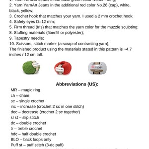 May include: Image detailing crochet pattern materials. Includes green, red, and white yarn, safety eyes, and a crochet hook. The finished product is approximately 12 cm tall. Abbreviations are also listed.