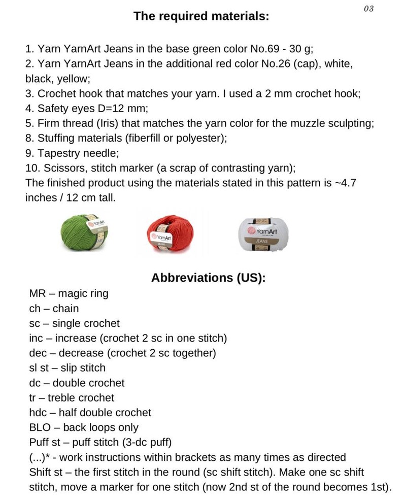 May include: Image detailing crochet pattern materials. Includes green, red, and white yarn, safety eyes, and a crochet hook. The finished product is approximately 12 cm tall. Abbreviations are also listed.