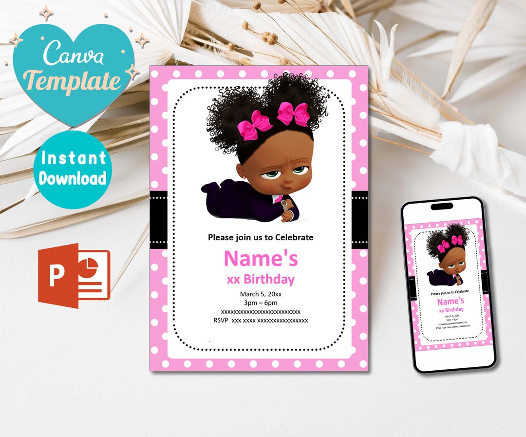 Editable Black Baby Boss Girl Birthday Invitation Boss Baby Etsy