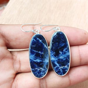 Natural Sodalite Gemstone Earrings, 925 Sterling Silver Earrings, Handmade Earrings, Large Gemstone Earrings, Silver Earrings, Gift For Her.
