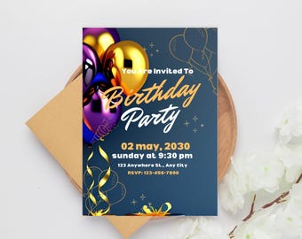 Könnte beinhalten: Eine blaue Geburtstagseinladung mit goldenen und violetten Luftballons. Der Text lautet "You Are Invited To Birthday Party 02. Mai 2030 Sonntag um 21:30 Uhr 123 Anywhere St., Any City RSVP: 123-456-7890"