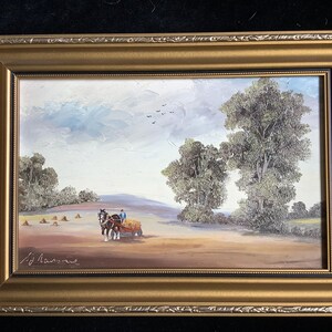 Vintage Original Ölgemälde - Shire Horse & Log Cart landwirtschaftliches Bild von SJ Newsome - gerahmt