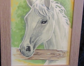 Studio equino di un ritratto di cavallo bianco incorniciato - Arte della pittura a olio vintage originale incorniciata