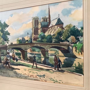 Cattedrale di Notre Dame Parigi Francia Dipinto ad acquerello vintage originale incorniciato Pittura d'arte impressionista francese - Seguie anni '50