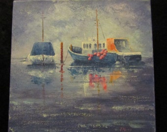 Vissersboten afgemeerd in haven JA Livy - Vintage originele olieverf op canvas schilderij kunst