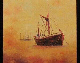 Vissersboten afgemeerd in haven JA Livy - Vintage originele olieverfschilderij op canvas schilderij