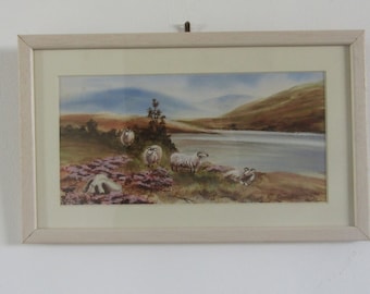 Lake District Sheep Cena Vintage Original Aquarela País Paisagem Pintura - Imagem de arte emoldurada - W Howells