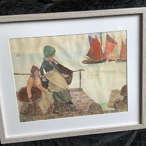 Moglie del pescatore sul porto Dipinto originale con tecnica mista, quadro artistico incorniciato