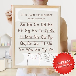 Póster del alfabeto para niños: tabla imprimible con letras mayúsculas y minúsculas. Precio de lanzamiento para la nueva tienda.