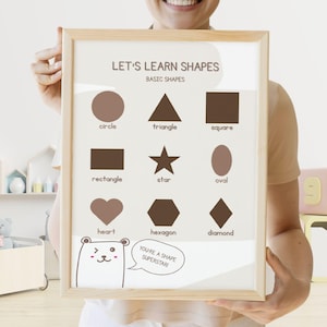 Póster de formas imprimible para niños: aprende formas básicas, arte mural para el aula, decoración Montessori para guardería, descarga digital para preescolar.