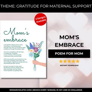 L'abbraccio della mamma - Una poesia di gratitudine per il sostegno materno, Biglietto per la festa della mamma stampabile, Disponibile in PDF e PNG, Più dimensioni